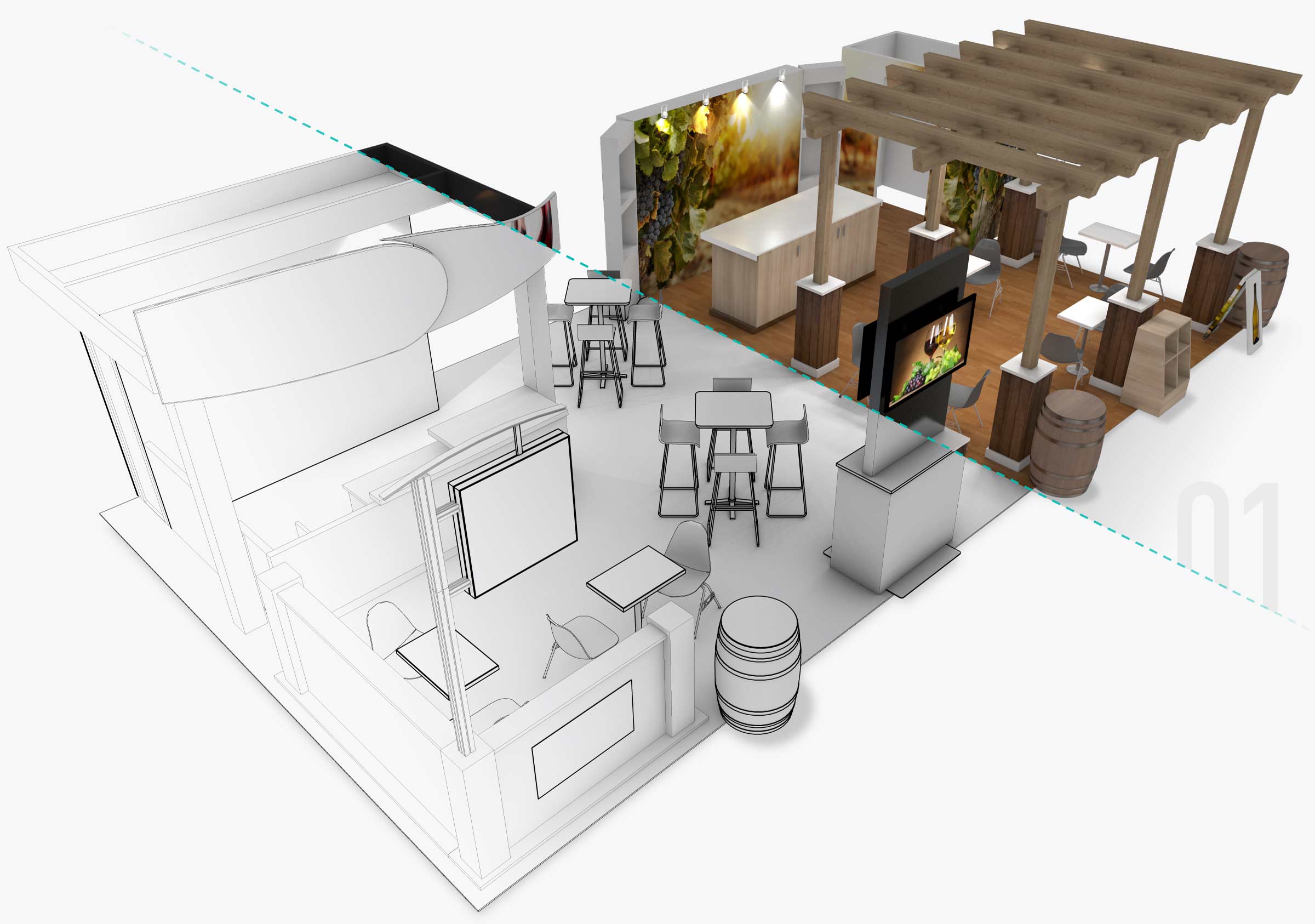 Sketch/model and rendering of trade show booth