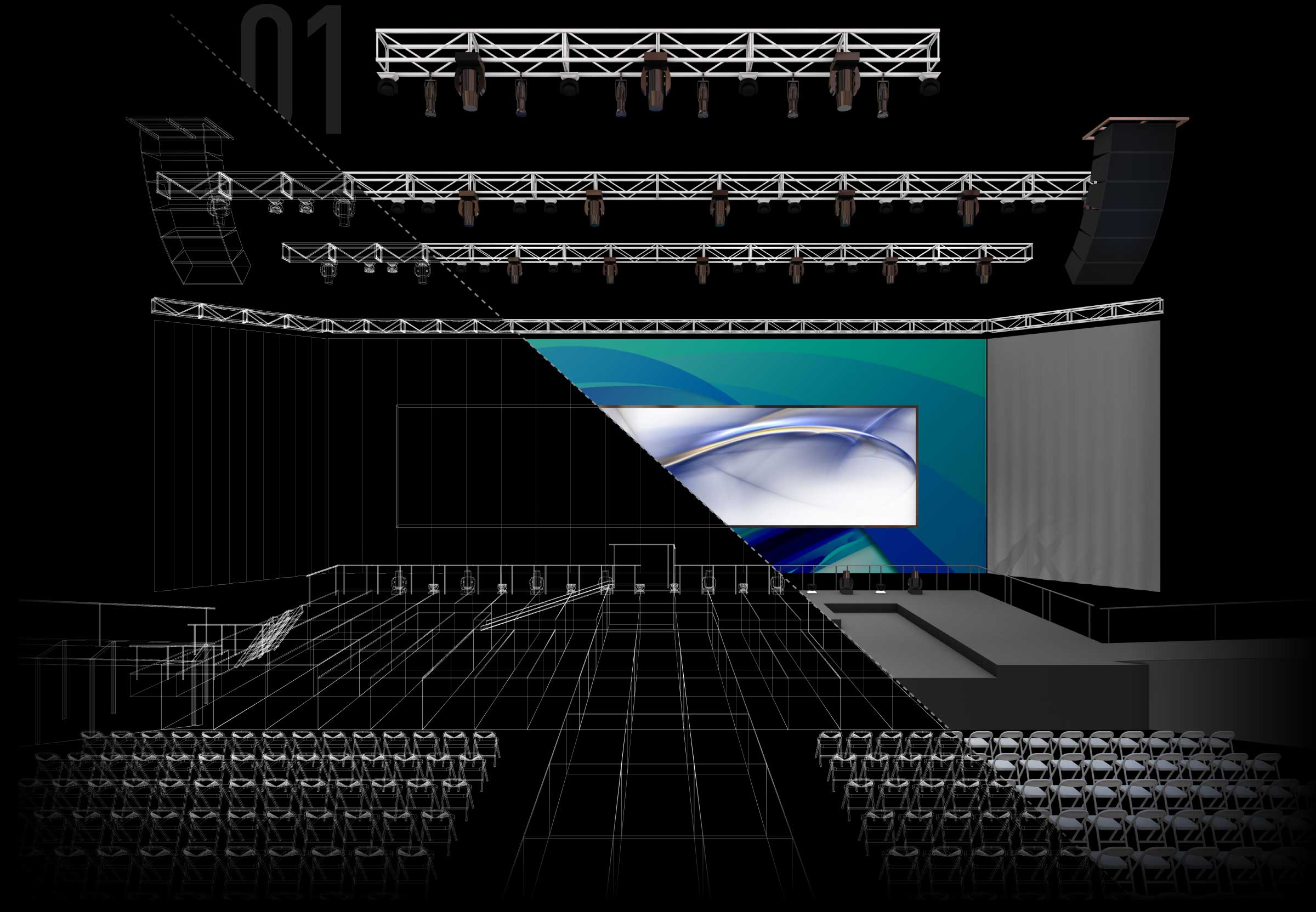 Venue design with drawings and 3D rendering