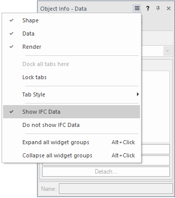 Menu da paleta Info de Objeto